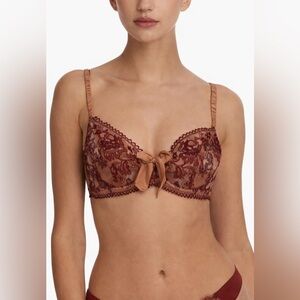 Etam Paris Lace Underwire Bra 34C Burgundy Tan Sheer Embroidered Bow